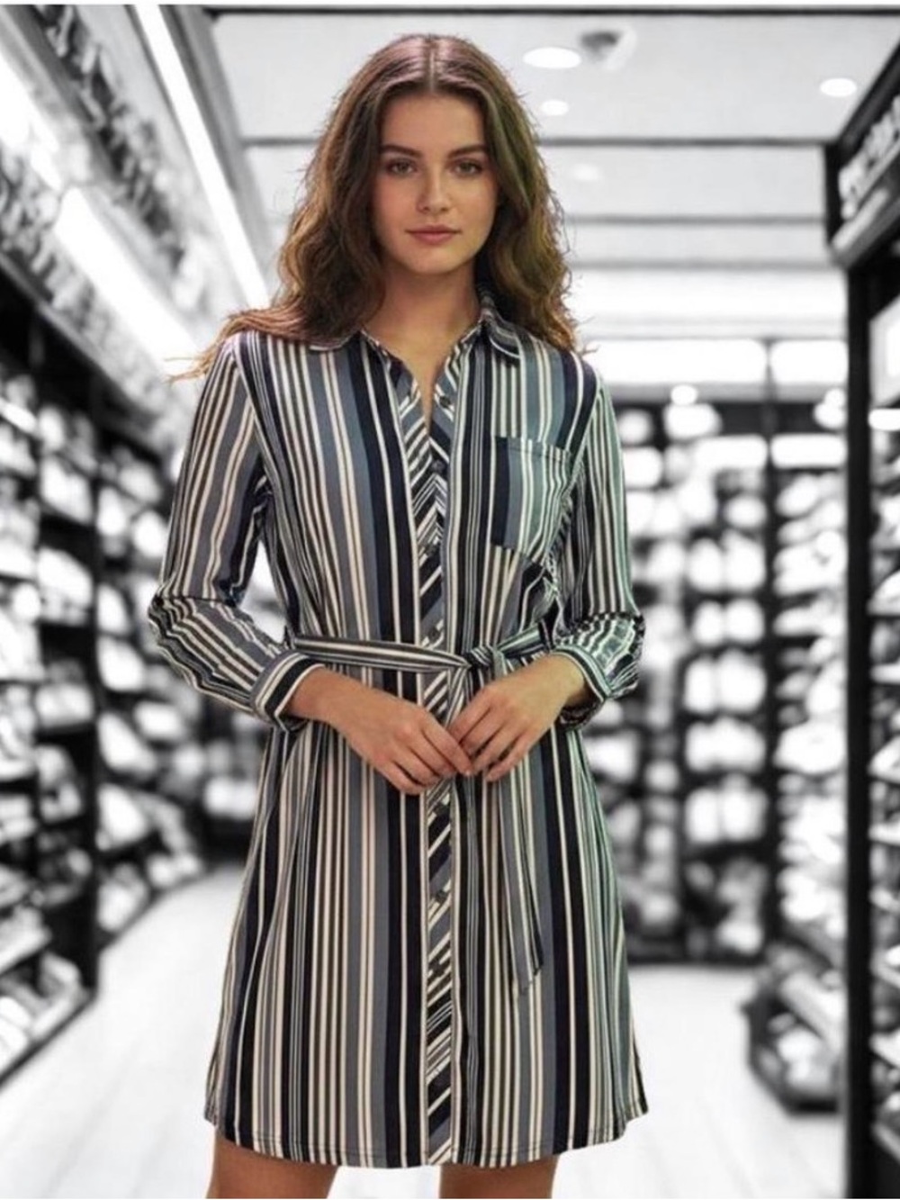 Blue Striped Button-Up Dress